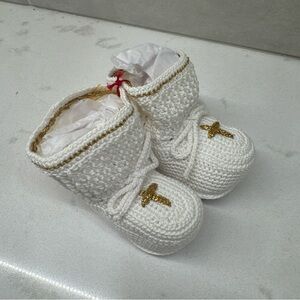 Handmade White Knit Baby Booties with Gold Cross Accent christening infant